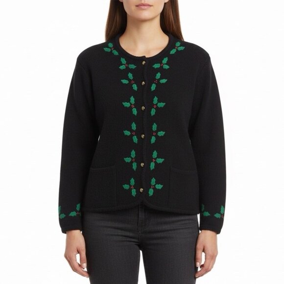 Vintage Tally-Ho Black Cardigan Sweater Holly Leaf Embroidery Button Front Sz PM - Picture 8 of 8